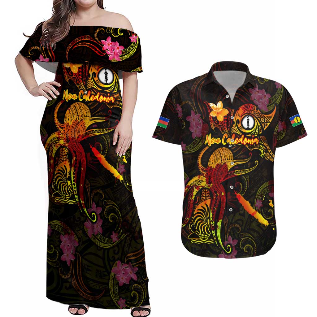 New Caledonia Couples Matching Off Shoulder Maxi Dress and Hawaiian Shirt Octopus Plumeria Polynesian Tattoo