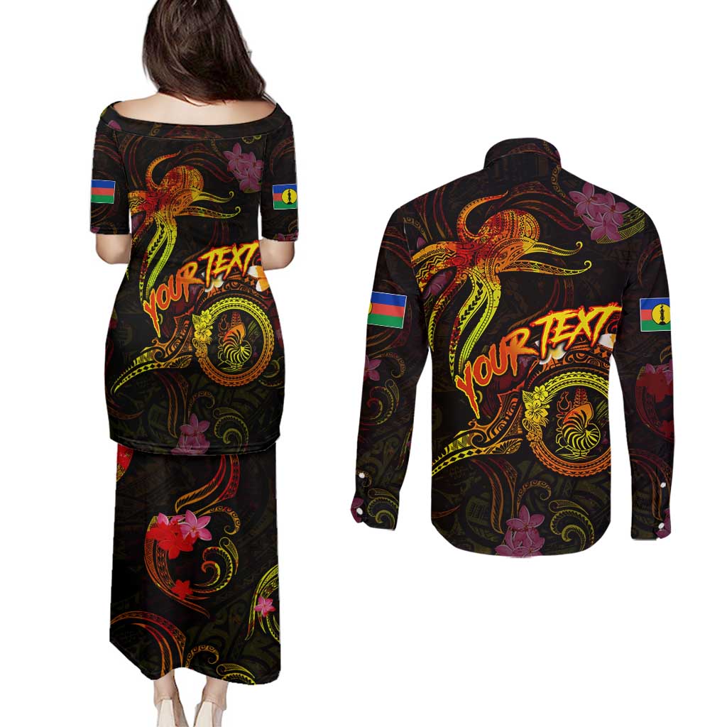 New Caledonia Couples Matching Puletasi and Long Sleeve Button Shirt Octopus Plumeria Polynesian Tattoo