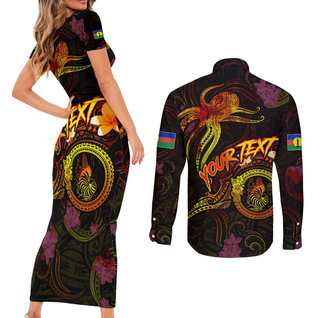 New Caledonia Couples Matching Short Sleeve Bodycon Dress and Long Sleeve Button Shirt Octopus Plumeria Polynesian Tattoo