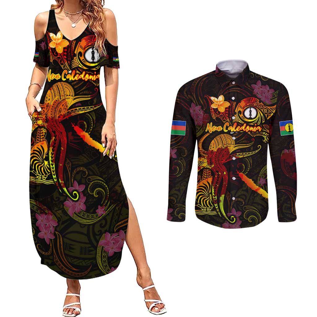 New Caledonia Couples Matching Summer Maxi Dress and Long Sleeve Button Shirt Octopus Plumeria Polynesian Tattoo