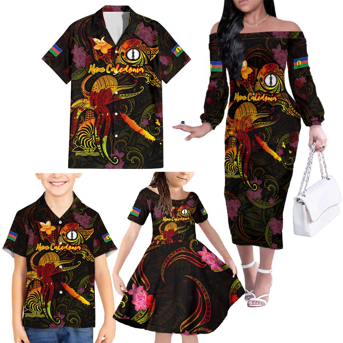 New Caledonia Family Matching Off The Shoulder Long Sleeve Dress and Hawaiian Shirt Octopus Plumeria Polynesian Tattoo
