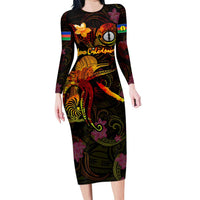 New Caledonia Long Sleeve Bodycon Dress Octopus Plumeria Polynesian Tattoo DT02 Long Dress Black - Polynesian Pride