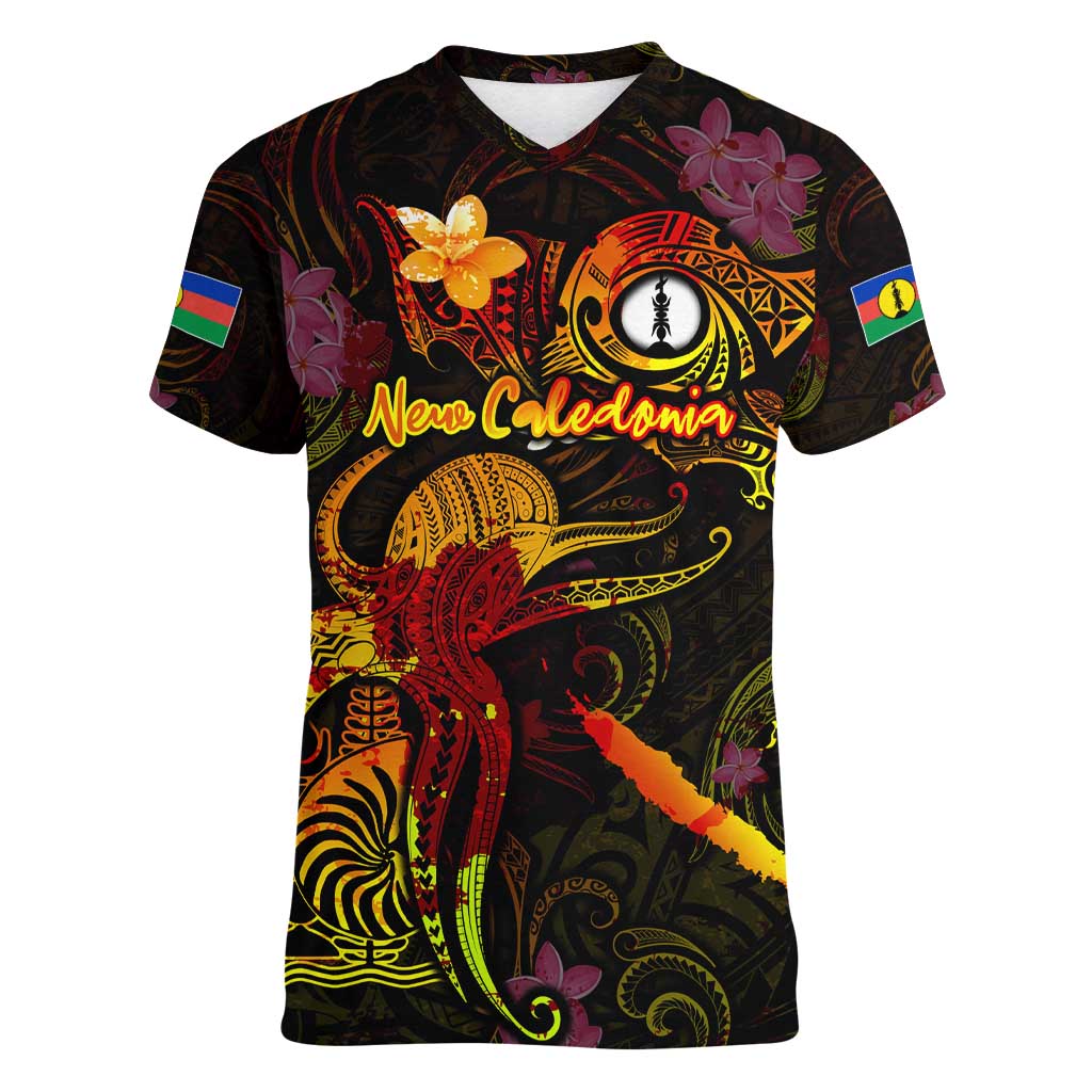 New Caledonia Women V-Neck T-Shirt Octopus Plumeria Polynesian Tattoo