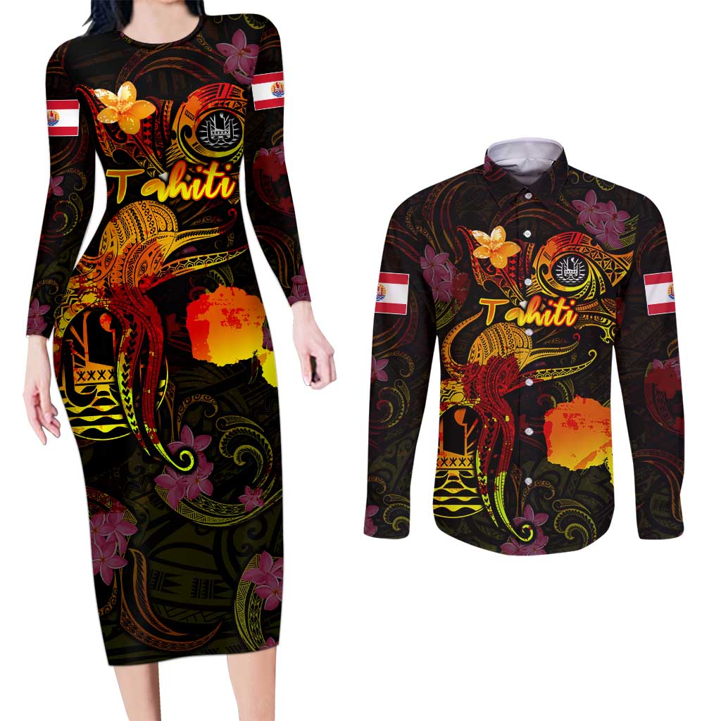 Tahiti French Polynesia Couples Matching Long Sleeve Bodycon Dress and Long Sleeve Button Shirt Octopus Plumeria Polynesian Tattoo