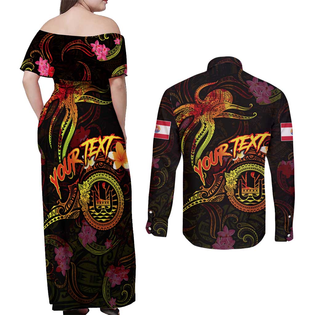 Tahiti French Polynesia Couples Matching Off Shoulder Maxi Dress and Long Sleeve Button Shirt Octopus Plumeria Polynesian Tattoo