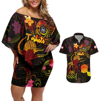 Tahiti French Polynesia Couples Matching Off Shoulder Short Dress and Hawaiian Shirt Octopus Plumeria Polynesian Tattoo