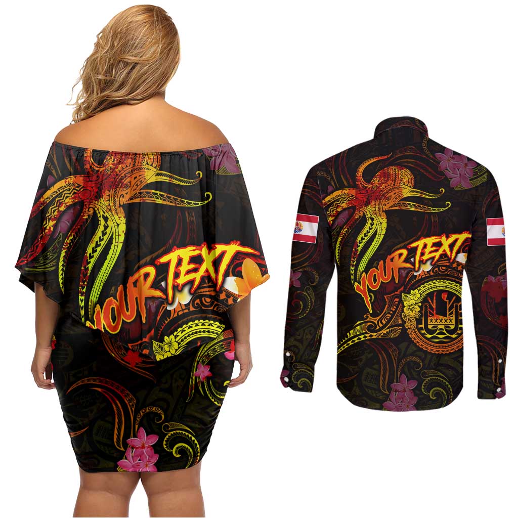 Tahiti French Polynesia Couples Matching Off Shoulder Short Dress and Long Sleeve Button Shirt Octopus Plumeria Polynesian Tattoo
