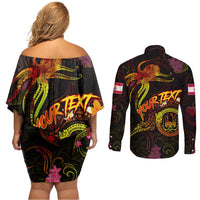 Tahiti French Polynesia Couples Matching Off Shoulder Short Dress and Long Sleeve Button Shirt Octopus Plumeria Polynesian Tattoo