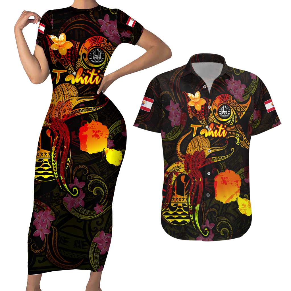 Tahiti French Polynesia Couples Matching Short Sleeve Bodycon Dress and Hawaiian Shirt Octopus Plumeria Polynesian Tattoo