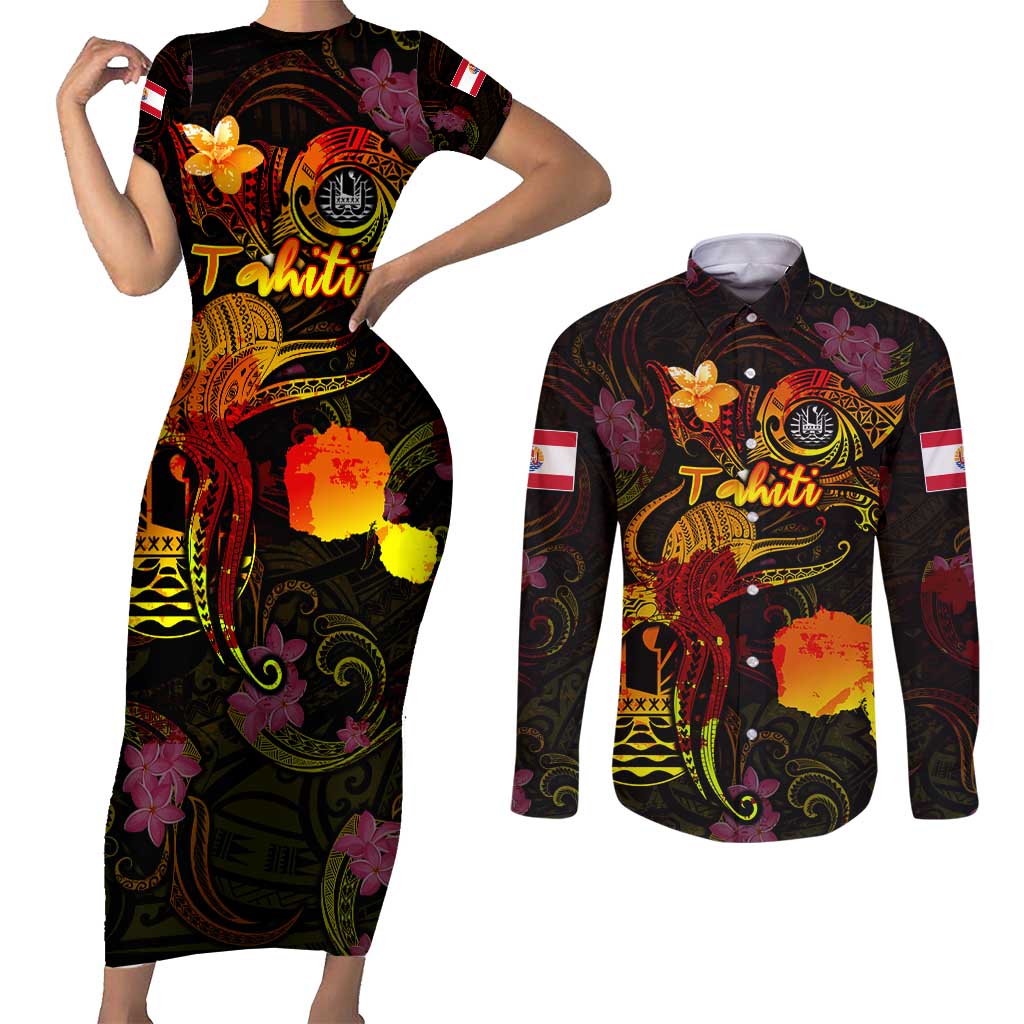 Tahiti French Polynesia Couples Matching Short Sleeve Bodycon Dress and Long Sleeve Button Shirt Octopus Plumeria Polynesian Tattoo