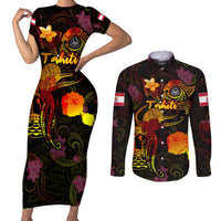 Tahiti French Polynesia Couples Matching Short Sleeve Bodycon Dress and Long Sleeve Button Shirt Octopus Plumeria Polynesian Tattoo
