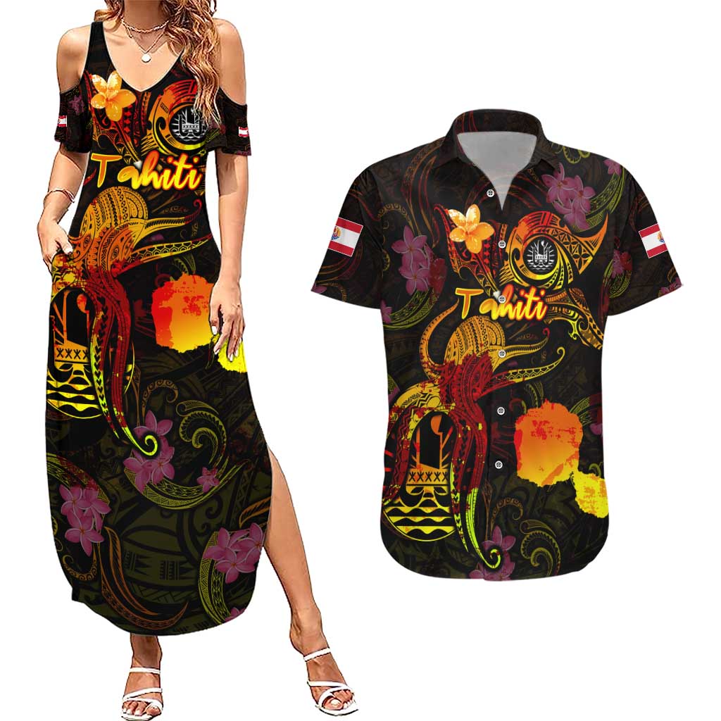 Tahiti French Polynesia Couples Matching Summer Maxi Dress and Hawaiian Shirt Octopus Plumeria Polynesian Tattoo