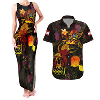 Tahiti French Polynesia Couples Matching Tank Maxi Dress and Hawaiian Shirt Octopus Plumeria Polynesian Tattoo