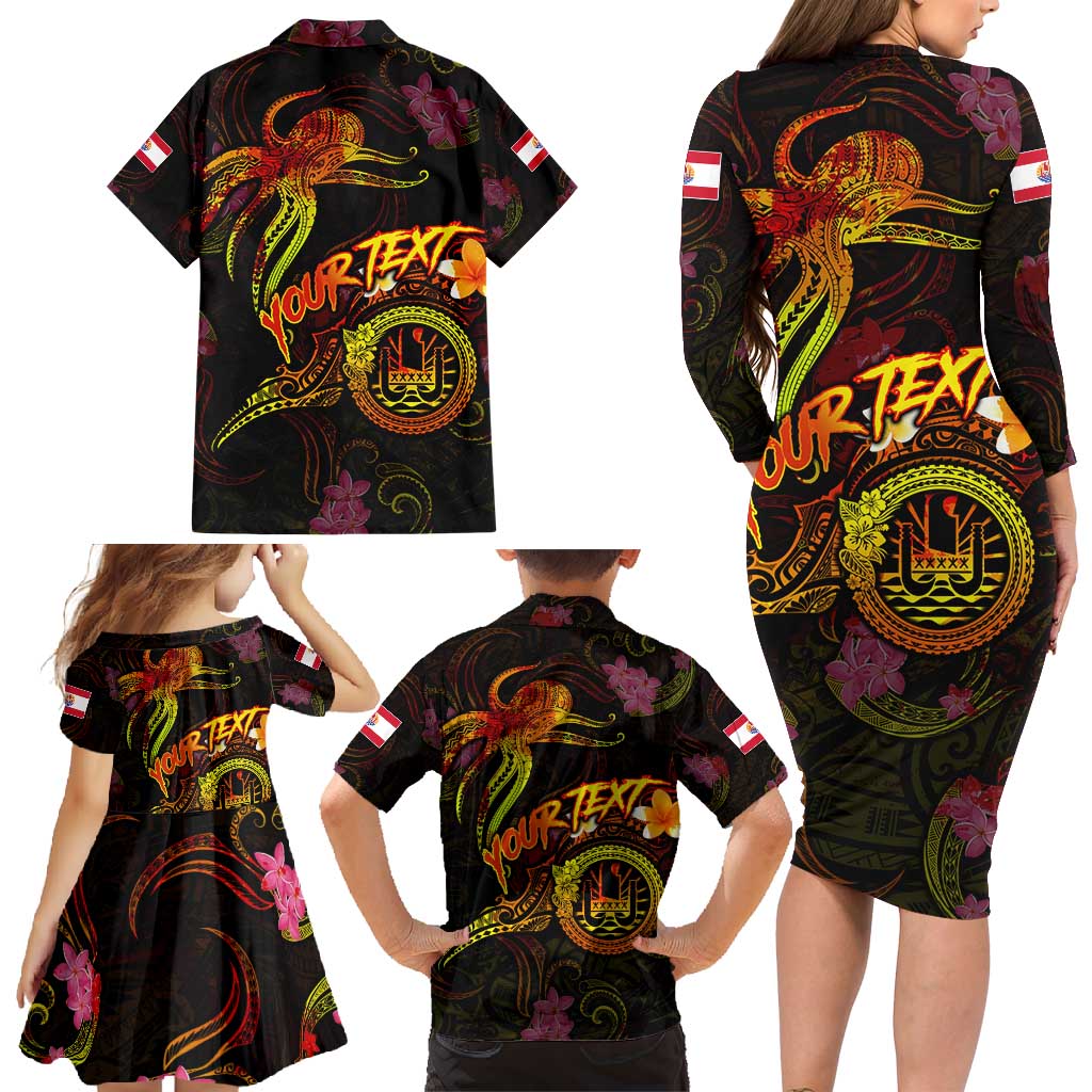 Tahiti French Polynesia Family Matching Long Sleeve Bodycon Dress and Hawaiian Shirt Octopus Plumeria Polynesian Tattoo