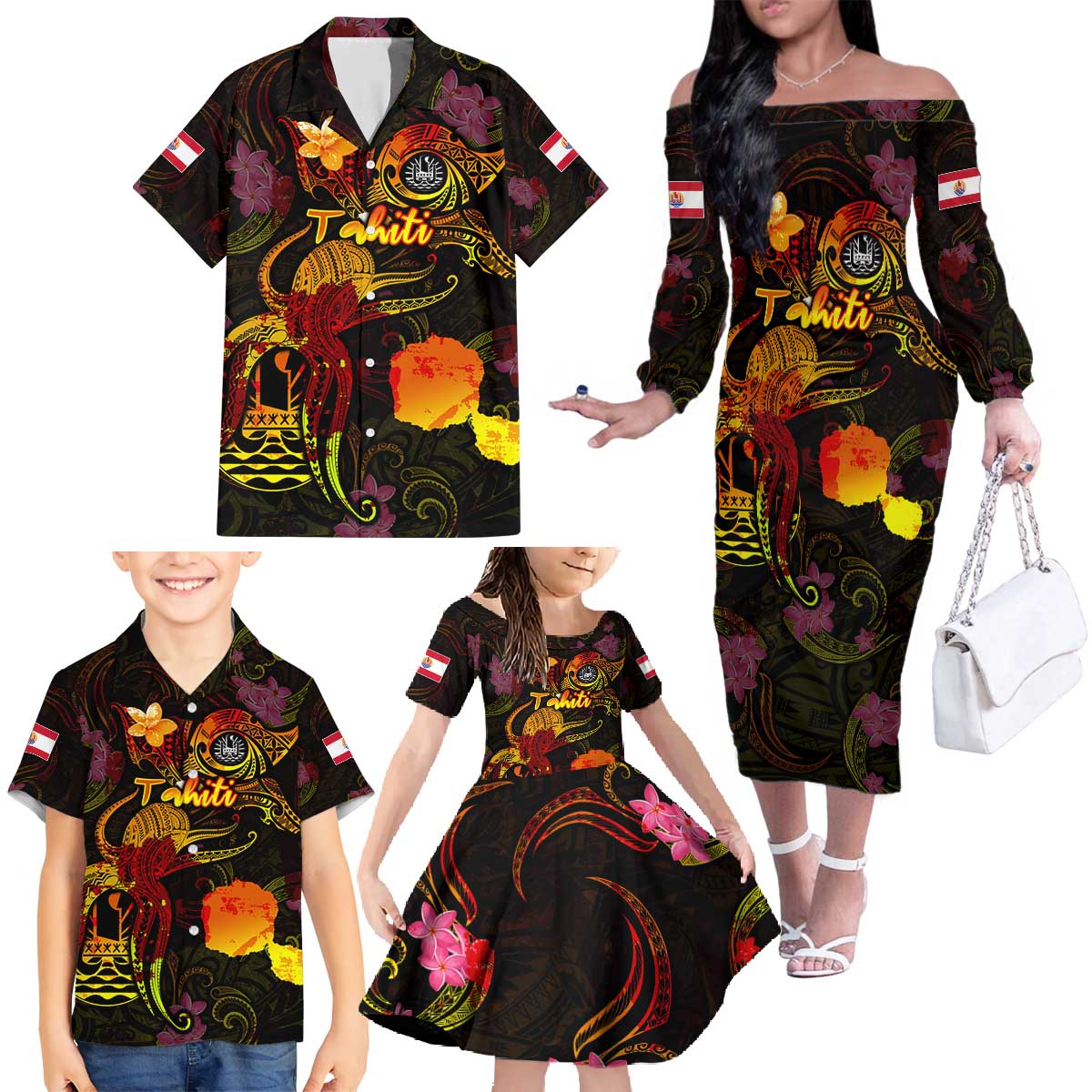 Tahiti French Polynesia Family Matching Off The Shoulder Long Sleeve Dress and Hawaiian Shirt Octopus Plumeria Polynesian Tattoo