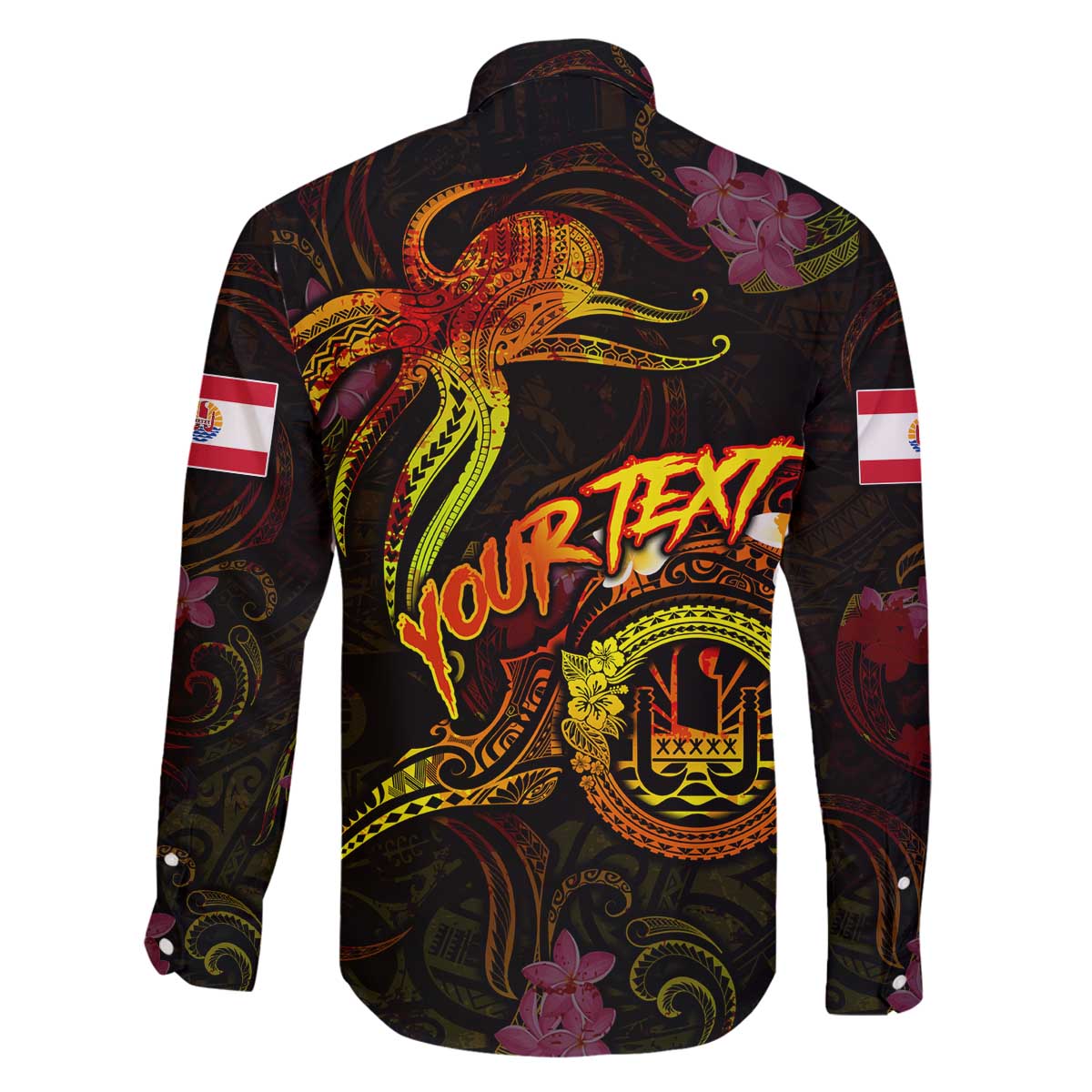 Tahiti French Polynesia Family Matching Off The Shoulder Long Sleeve Dress and Hawaiian Shirt Octopus Plumeria Polynesian Tattoo