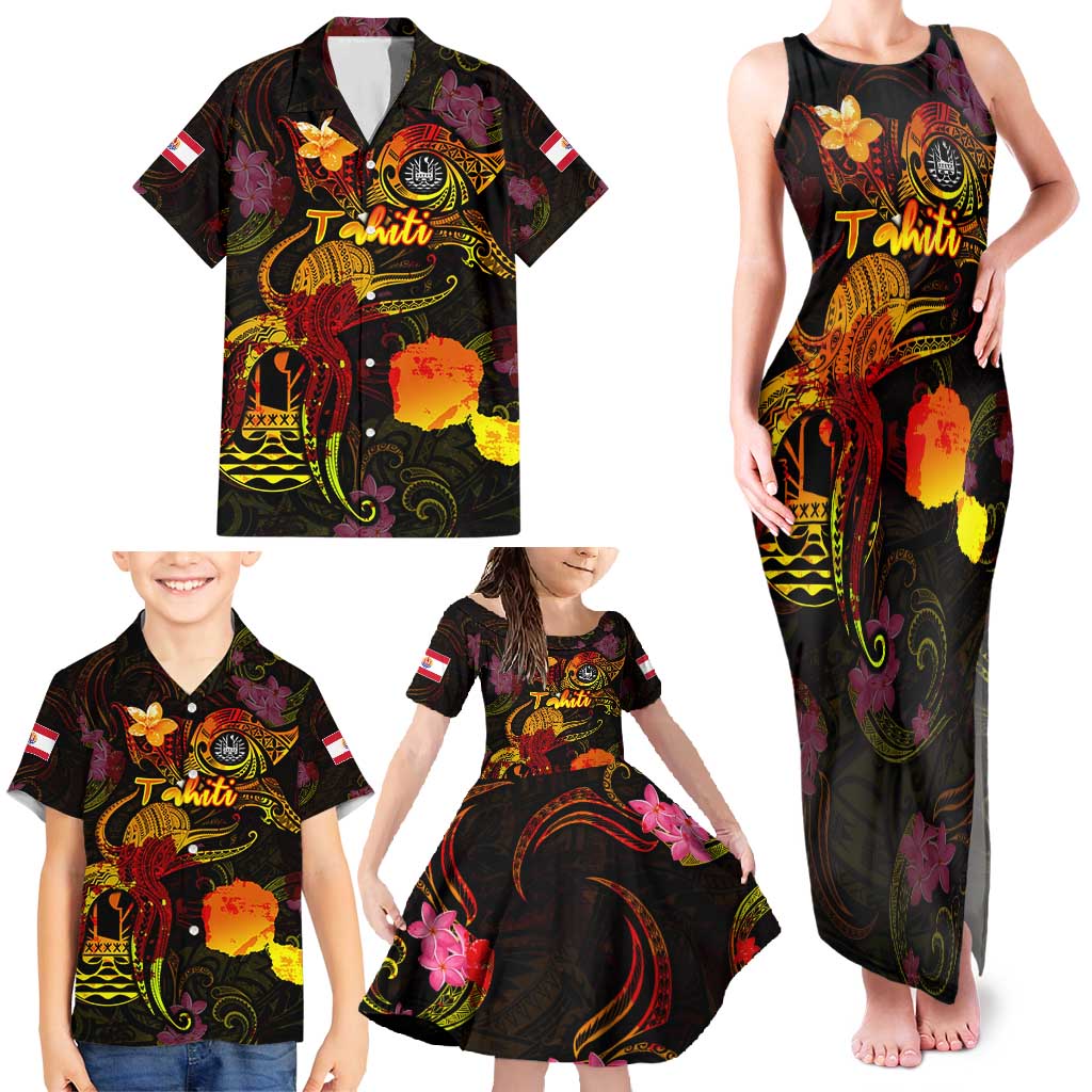 Tahiti French Polynesia Family Matching Tank Maxi Dress and Hawaiian Shirt Octopus Plumeria Polynesian Tattoo