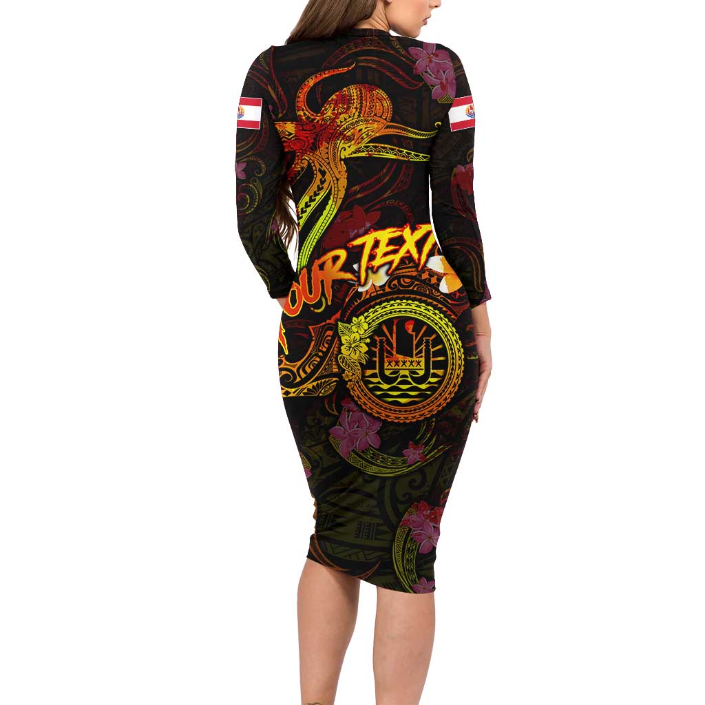 Tahiti French Polynesia Long Sleeve Bodycon Dress Octopus Plumeria Polynesian Tattoo