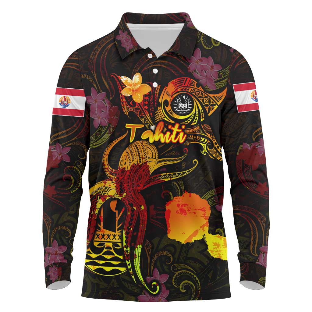 Tahiti French Polynesia Long Sleeve Polo Shirt Octopus Plumeria Polynesian Tattoo