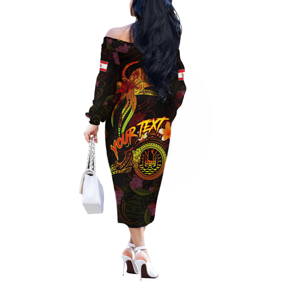 Tahiti French Polynesia Off The Shoulder Long Sleeve Dress Octopus Plumeria Polynesian Tattoo