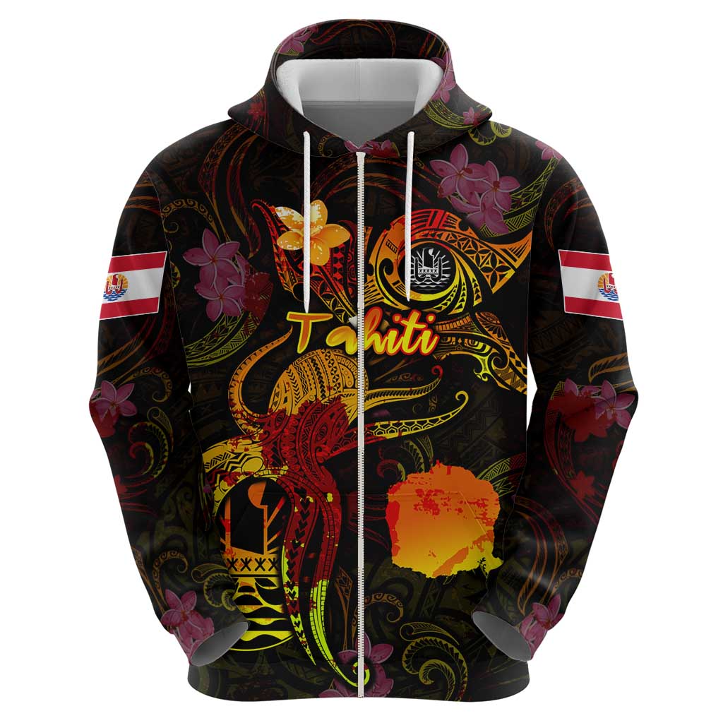 Tahiti French Polynesia Zip Hoodie Octopus Plumeria Polynesian Tattoo