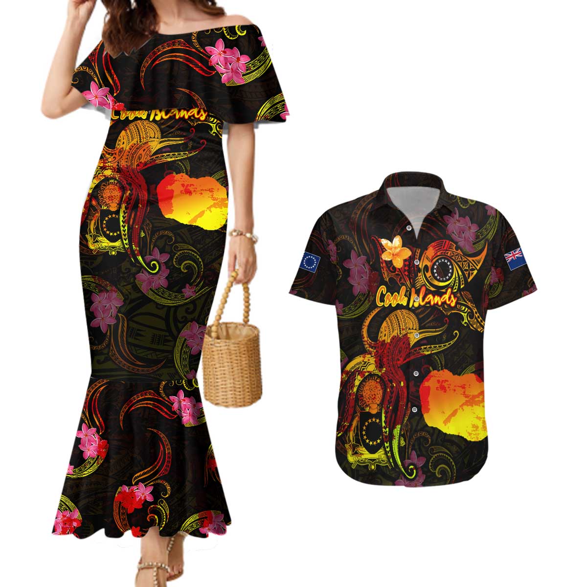 Cook Islands Couples Matching Mermaid Dress and Hawaiian Shirt Octopus Plumeria Polynesian Tattoo