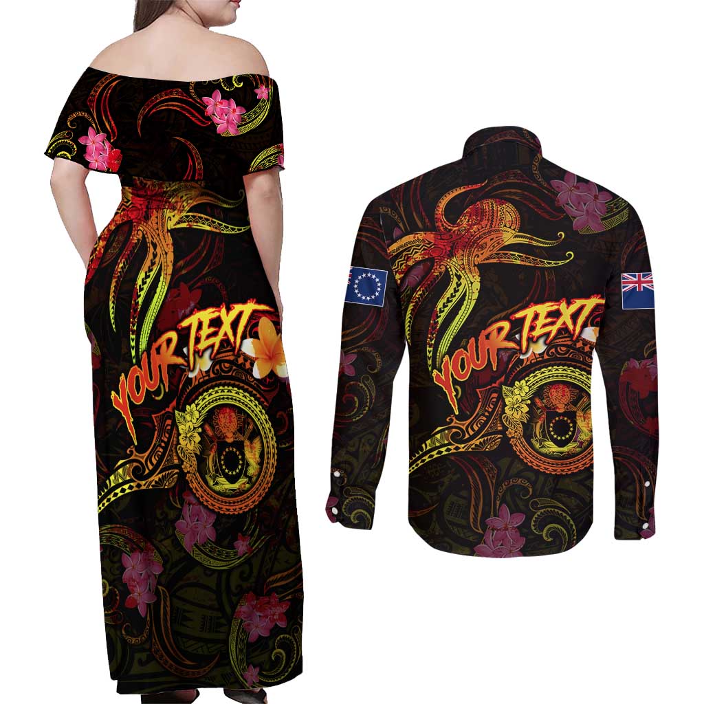 Cook Islands Couples Matching Off Shoulder Maxi Dress and Long Sleeve Button Shirt Octopus Plumeria Polynesian Tattoo