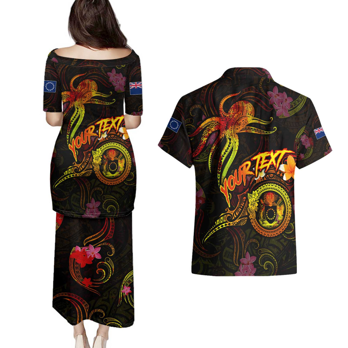 Cook Islands Couples Matching Puletasi and Hawaiian Shirt Octopus Plumeria Polynesian Tattoo DT02 - Polynesian Pride