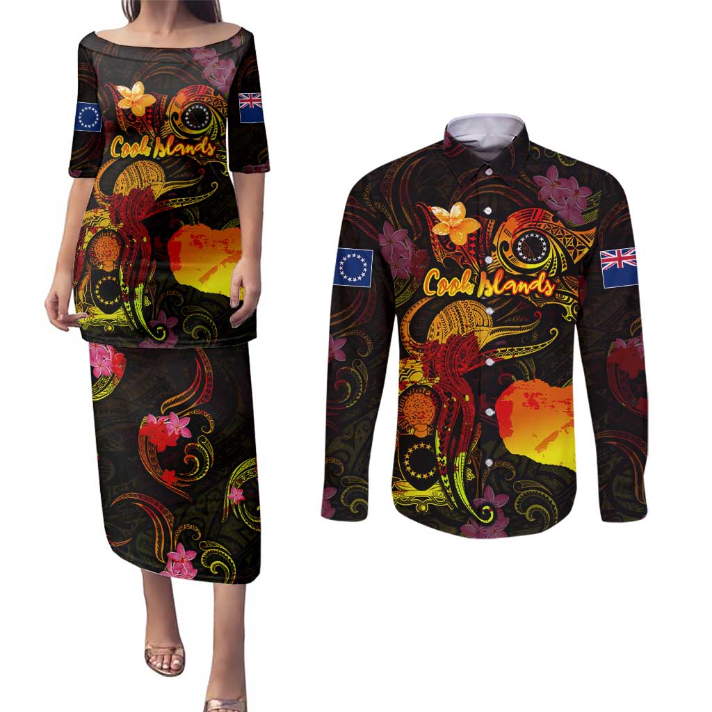 Cook Islands Couples Matching Puletasi and Long Sleeve Button Shirt Octopus Plumeria Polynesian Tattoo DT02 Black - Polynesian Pride