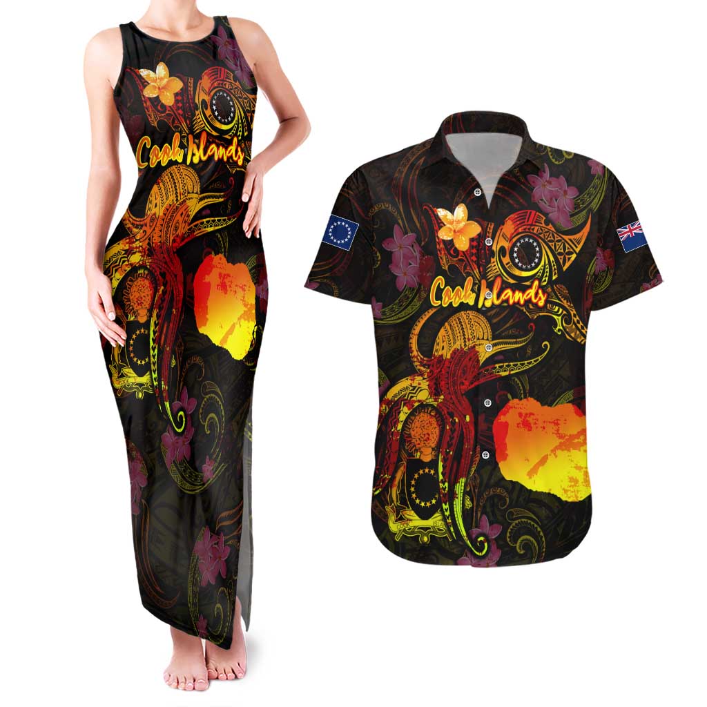 Cook Islands Couples Matching Tank Maxi Dress and Hawaiian Shirt Octopus Plumeria Polynesian Tattoo DT02 Black - Polynesian Pride