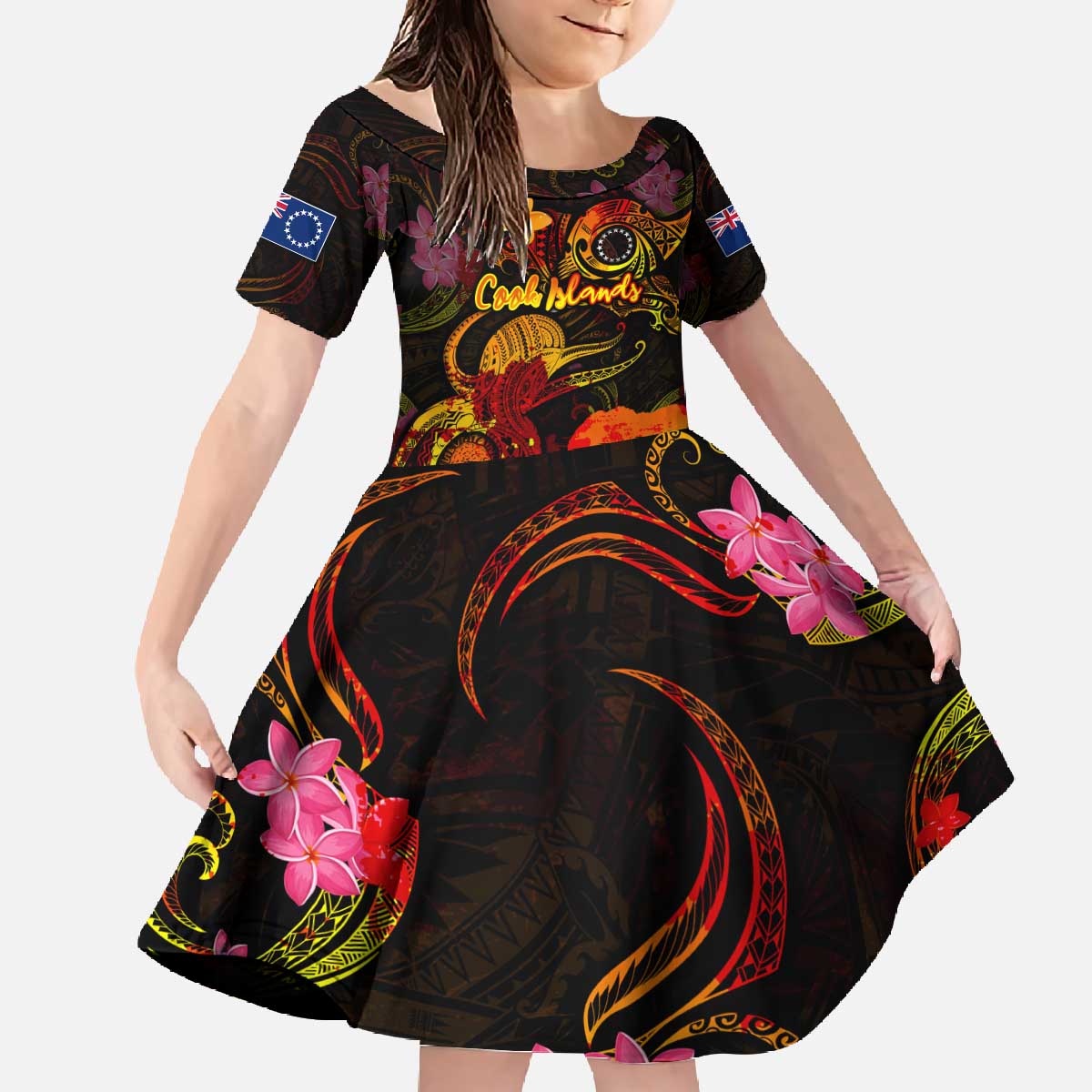 Cook Islands Family Matching Off The Shoulder Long Sleeve Dress and Hawaiian Shirt Octopus Plumeria Polynesian Tattoo DT02 Daughter's Dress Black - Polynesian Pride