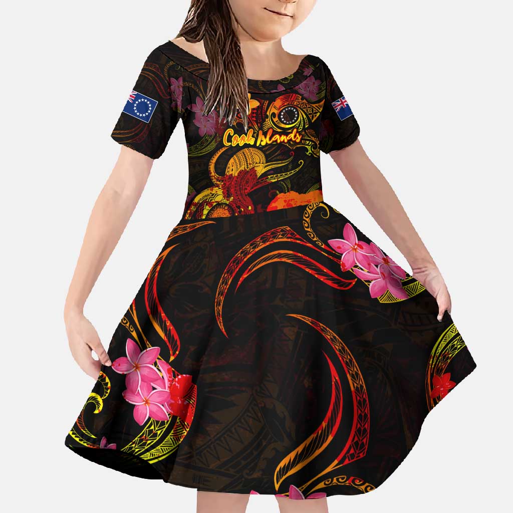 Cook Islands Family Matching Short Sleeve Bodycon Dress and Hawaiian Shirt Octopus Plumeria Polynesian Tattoo DT02 Daughter's Dress Black - Polynesian Pride