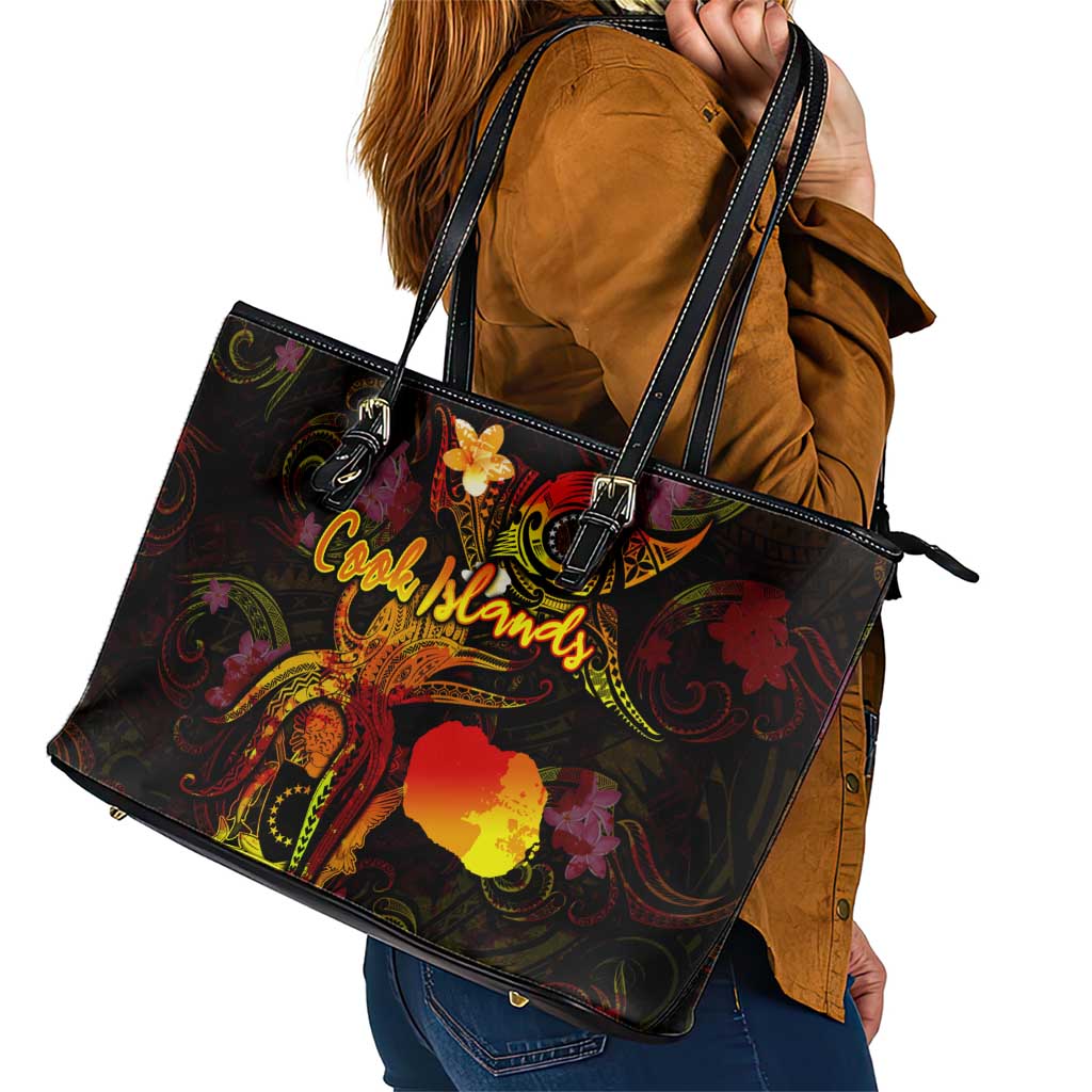 Cook Islands Leather Tote Bag Octopus Plumeria Polynesian Tattoo