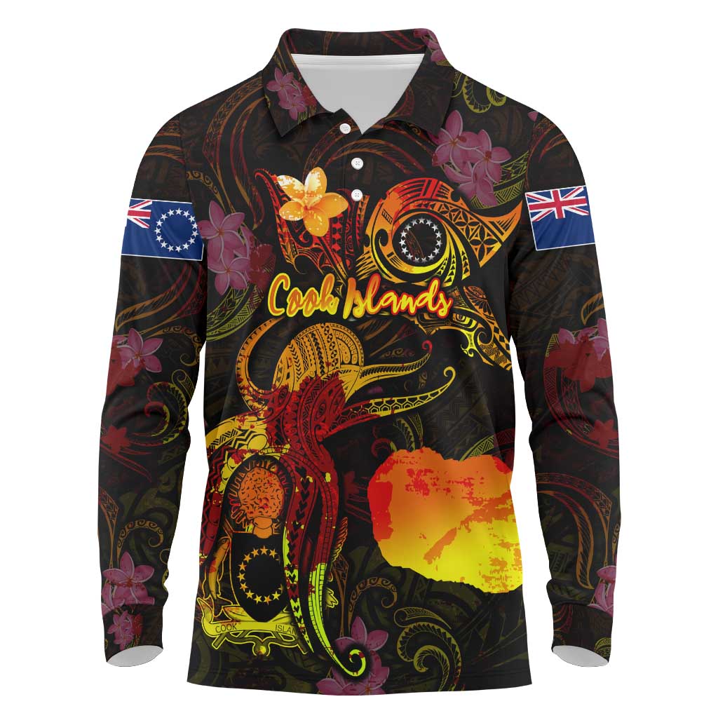 Cook Islands Long Sleeve Polo Shirt Octopus Plumeria Polynesian Tattoo