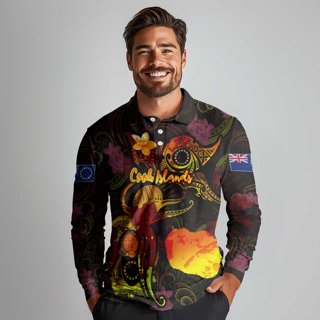 Cook Islands Long Sleeve Polo Shirt Octopus Plumeria Polynesian Tattoo