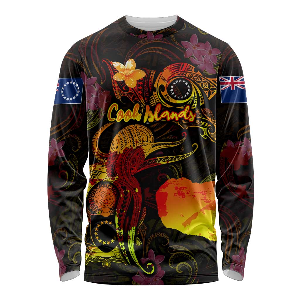 Cook Islands Long Sleeve Shirt Octopus Plumeria Polynesian Tattoo DT02 Unisex Black - Polynesian Pride
