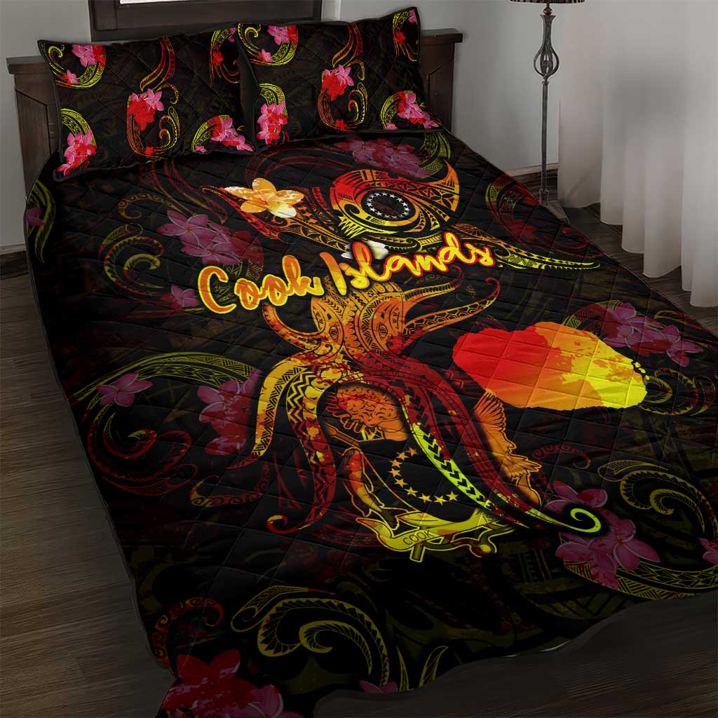 Cook Islands Quilt Bed Set Octopus Plumeria Polynesian Tattoo DT02 Black - Polynesian Pride