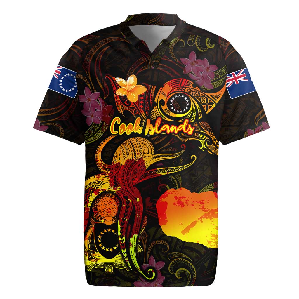 Cook Islands Rugby Jersey Octopus Plumeria Polynesian Tattoo DT02 Black - Polynesian Pride