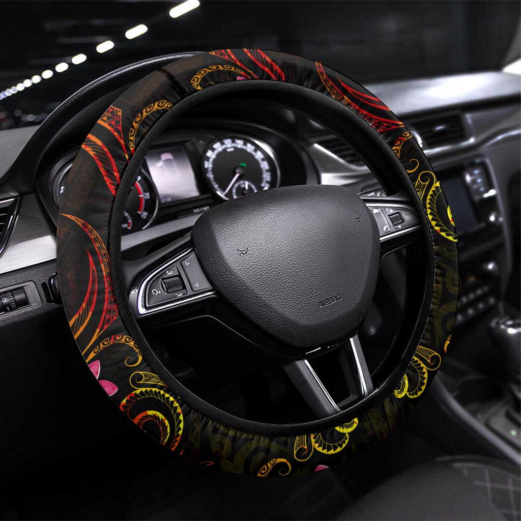 Cook Islands Steering Wheel Cover Octopus Plumeria Polynesian Tattoo DT02 Universal Fit Black - Polynesian Pride