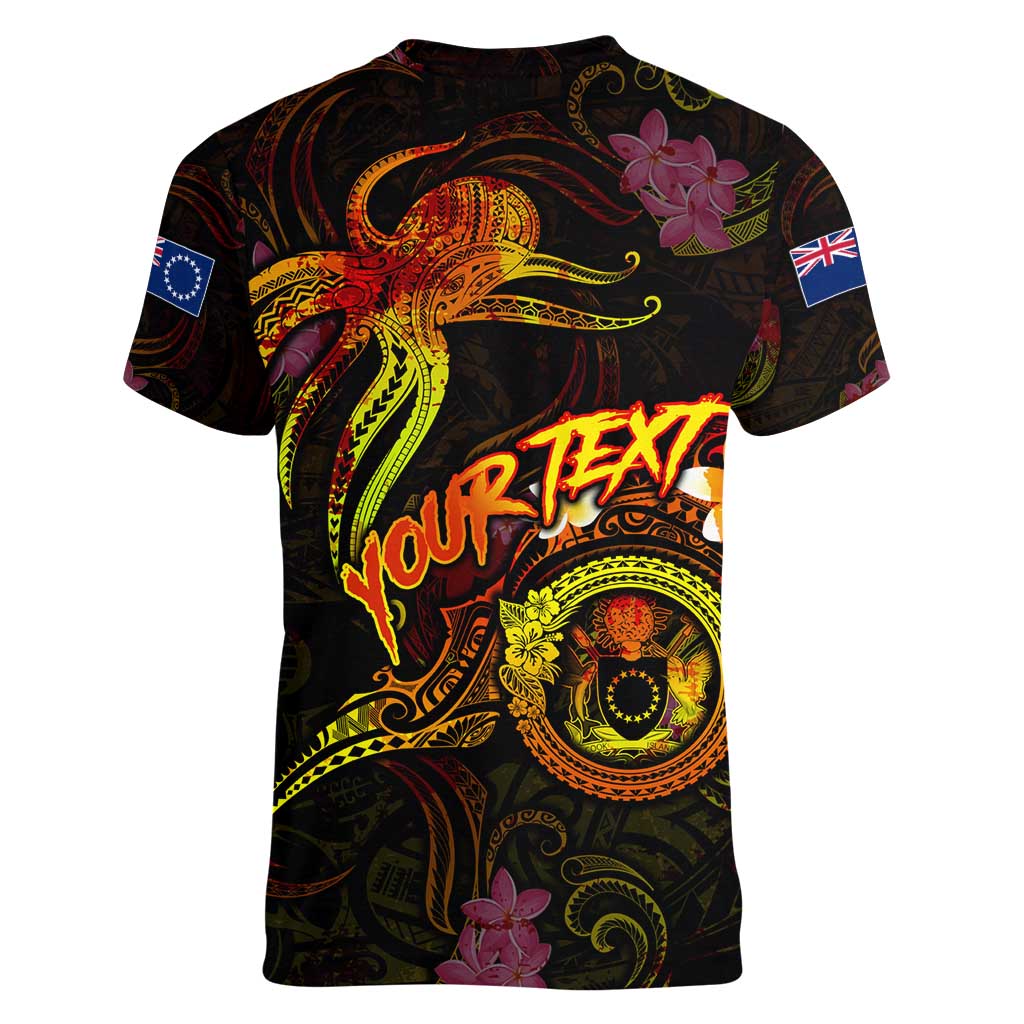 Cook Islands Women V-Neck T-Shirt Octopus Plumeria Polynesian Tattoo