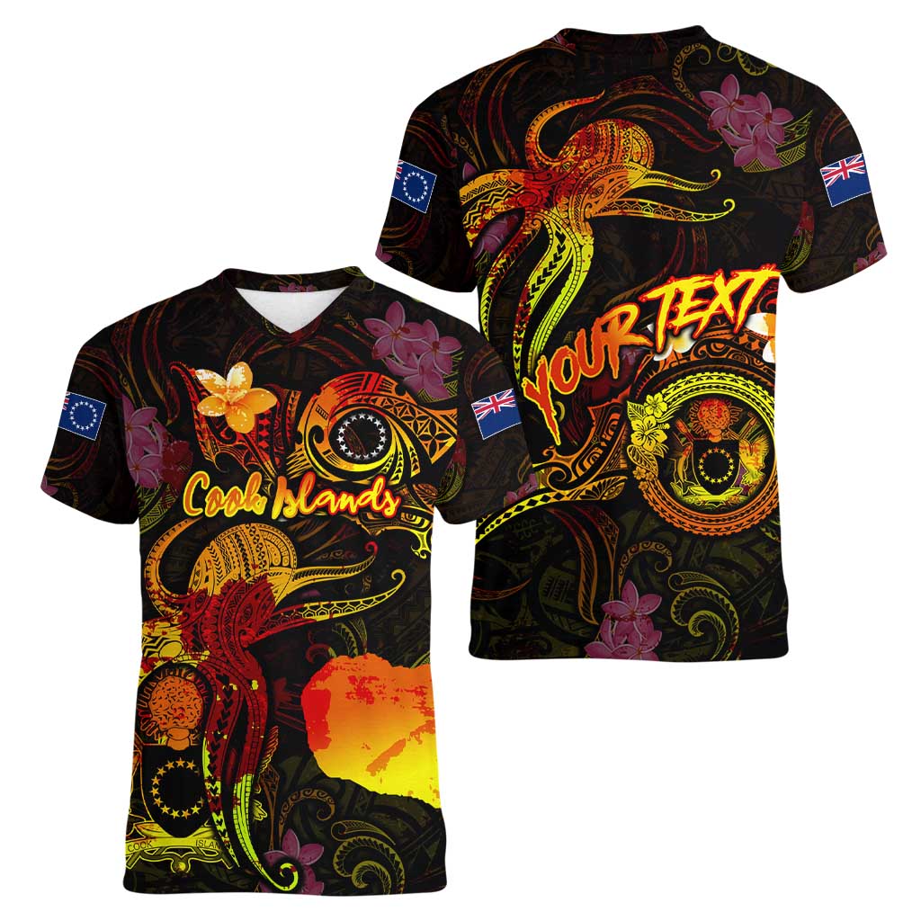 Cook Islands Women V-Neck T-Shirt Octopus Plumeria Polynesian Tattoo