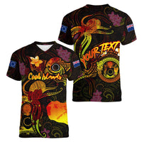 Cook Islands Women V-Neck T-Shirt Octopus Plumeria Polynesian Tattoo