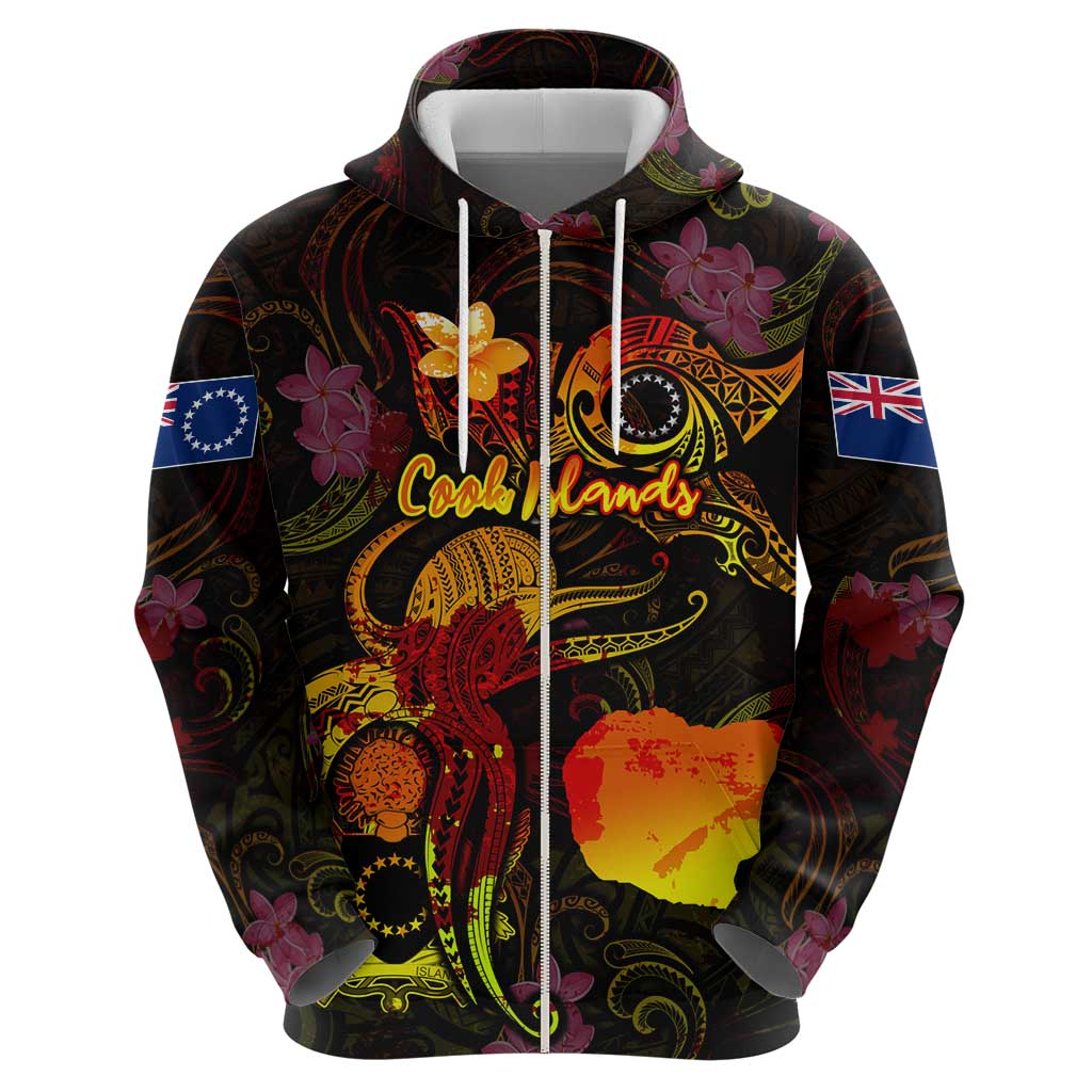 Cook Islands Zip Hoodie Octopus Plumeria Polynesian Tattoo