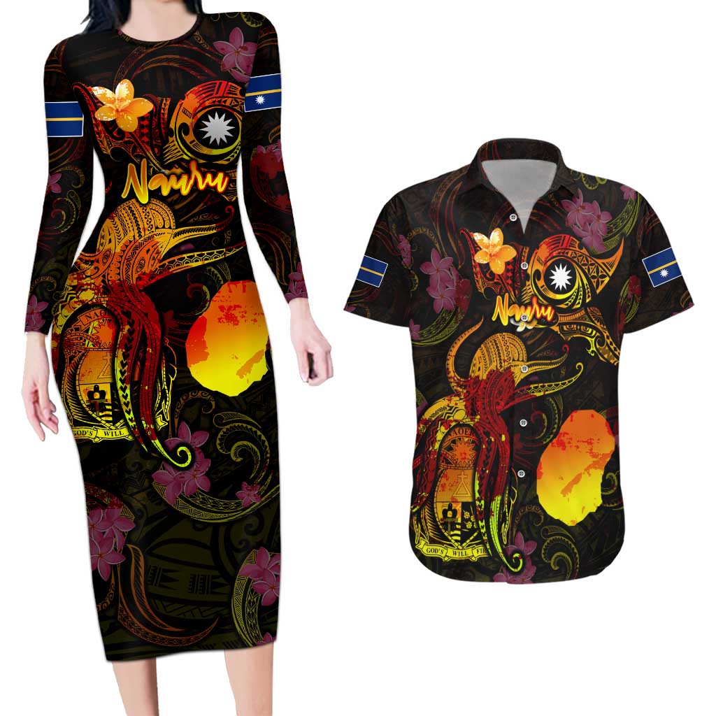Nauru Couples Matching Long Sleeve Bodycon Dress and Hawaiian Shirt Octopus Plumeria Polynesian Tattoo