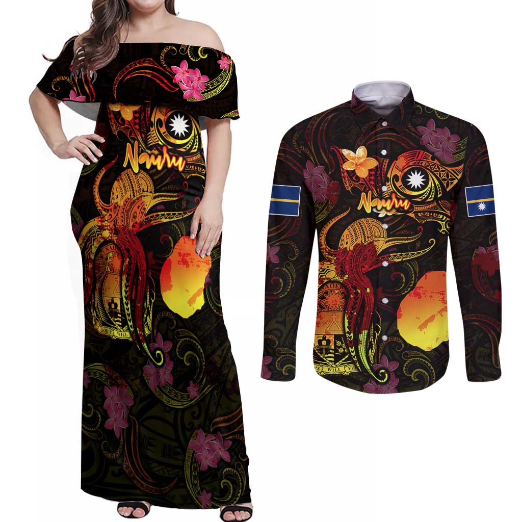 Nauru Couples Matching Off Shoulder Maxi Dress and Long Sleeve Button Shirt Octopus Plumeria Polynesian Tattoo