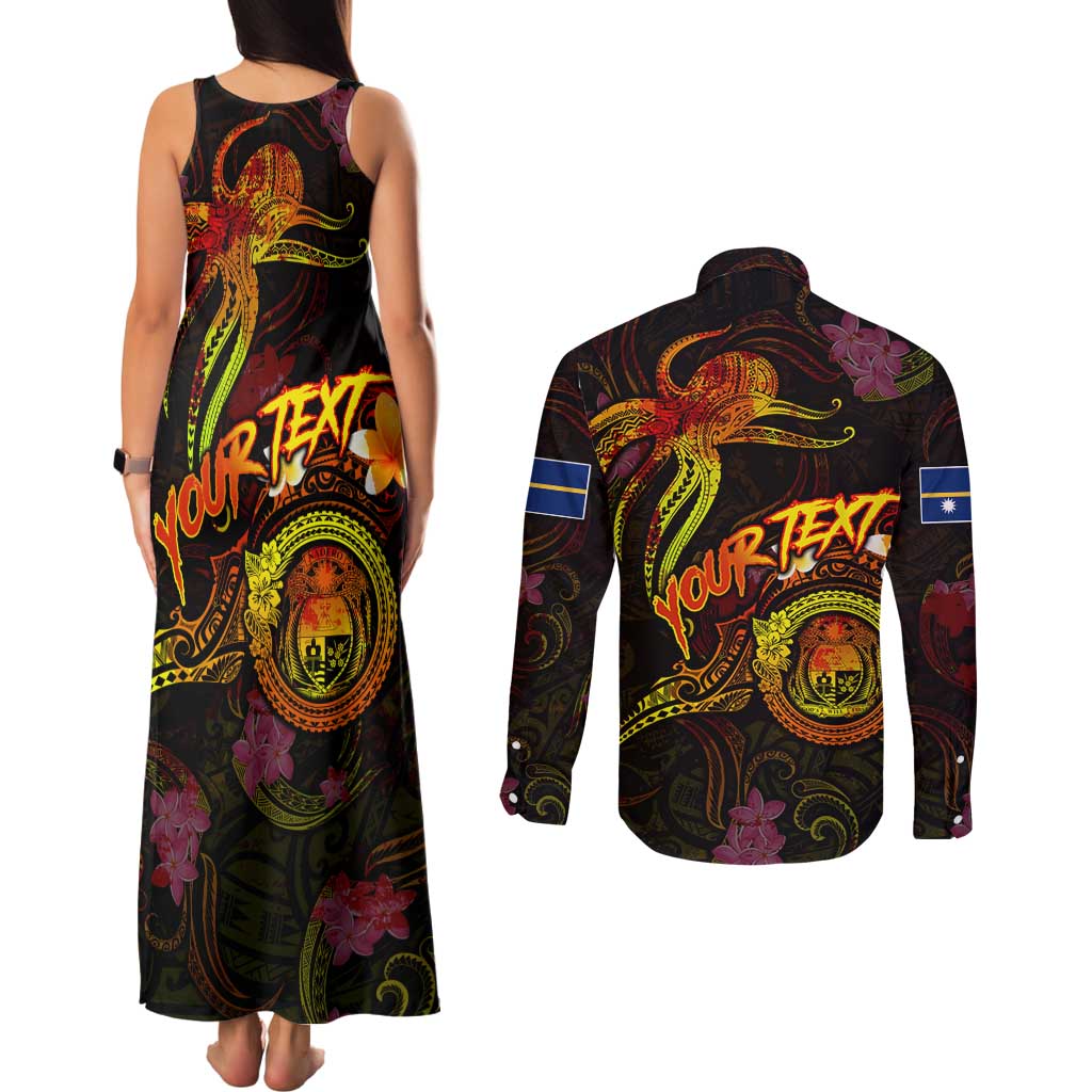 Nauru Couples Matching Tank Maxi Dress and Long Sleeve Button Shirt Octopus Plumeria Polynesian Tattoo
