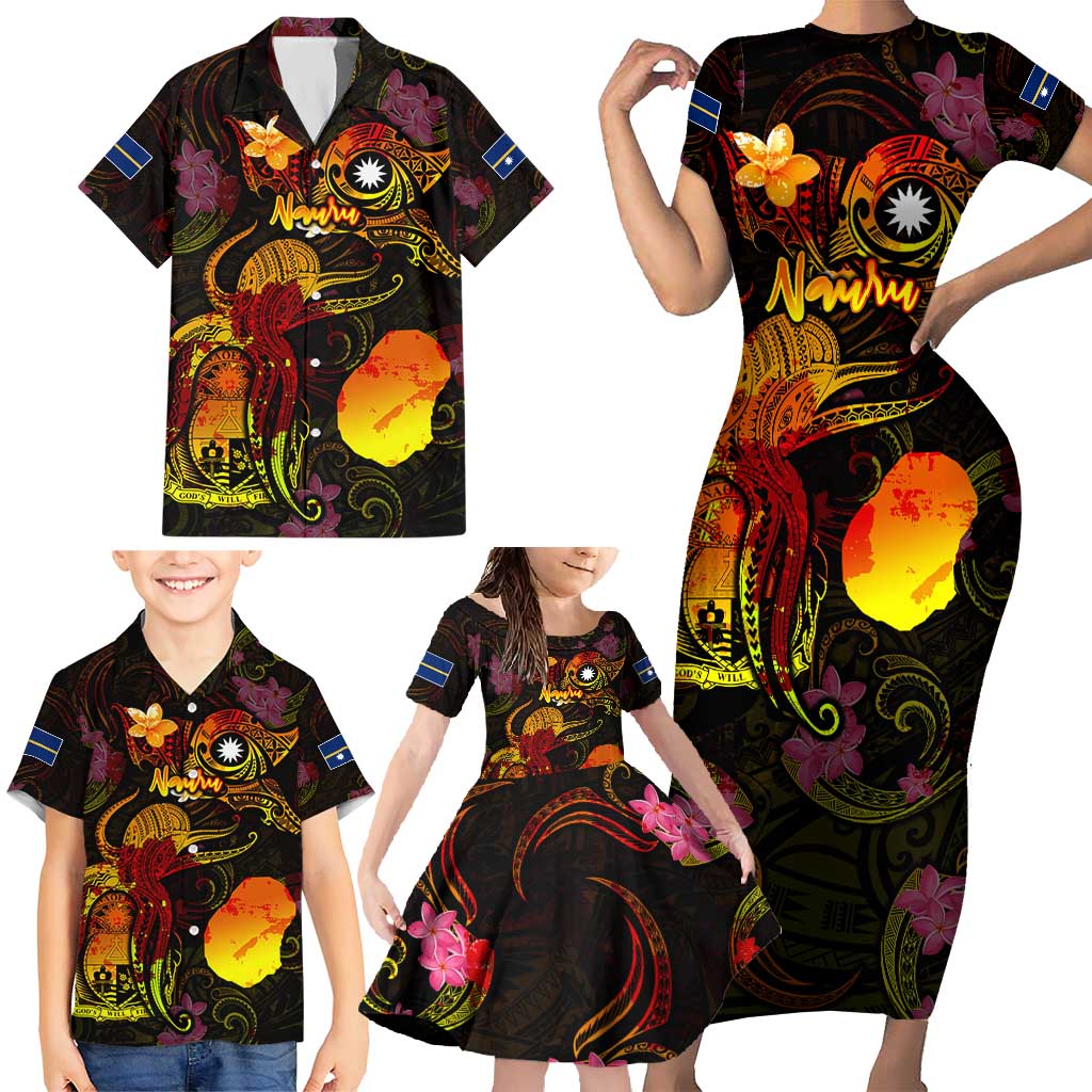 Nauru Family Matching Short Sleeve Bodycon Dress and Hawaiian Shirt Octopus Plumeria Polynesian Tattoo