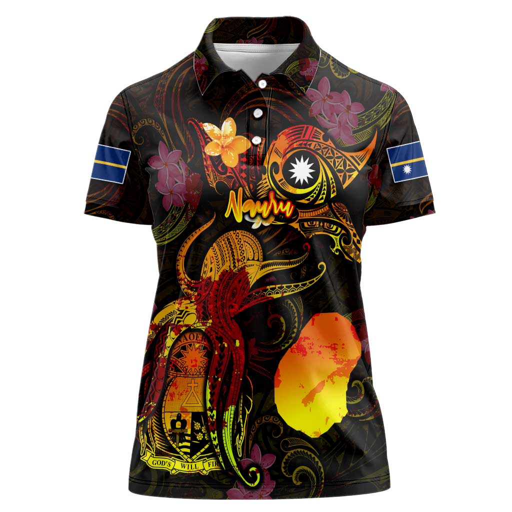 Nauru Women Polo Shirt Octopus Plumeria Polynesian Tattoo