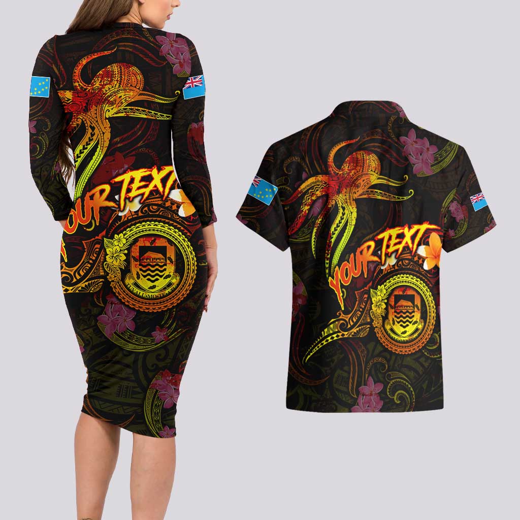 Tuvalu Couples Matching Long Sleeve Bodycon Dress and Hawaiian Shirt Octopus Plumeria Polynesian Tattoo DT02 - Polynesian Pride