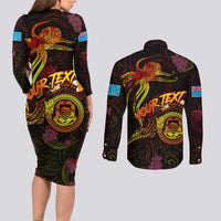 Tuvalu Couples Matching Long Sleeve Bodycon Dress and Long Sleeve Button Shirt Octopus Plumeria Polynesian Tattoo DT02 - Polynesian Pride